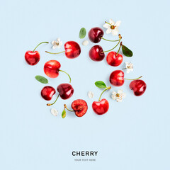 Cherry fruits and spring white cherry flowers color card