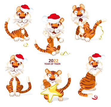 Happy Chinese New Year 2022.
Happy New Year and Merry Christmas. A set of six tigers in Santa Claus hats, with an asterisk and confetti. Cartoon, vector
