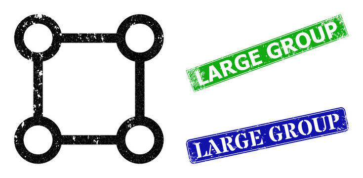 Grunge square grid nodes icon and rectangle rubber Large Group stamp. Vector green Large Group and blue Large Group imprints with corroded rubber texture,