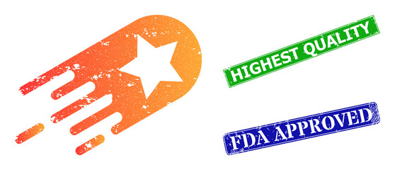 Grunge star bolide icon and rectangular scratched Highest Quality seal. Vector green Highest Quality and blue FDA Approved seals with grunge rubber texture, designed for star bolide illustration. © Viktor