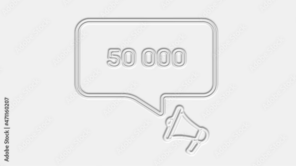 Poster 50000 subscribers text. Megaphone with number 50K speech bubble banner. Loudspeaker. 4K video motion graphic