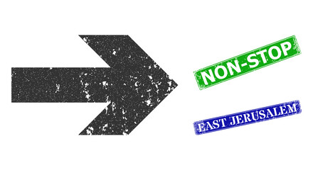 Grunge right arrow icon and rectangular scratched Non-Stop seal stamp. Vector green Non-Stop and blue East Jerusalem seals with grunge rubber texture, designed for right arrow illustration.