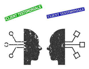Grunge human network interface icon and rectangular scratched Client Testimonials seal. Vector green Client Testimonials and blue Client Testimonials seals with grunge rubber texture,