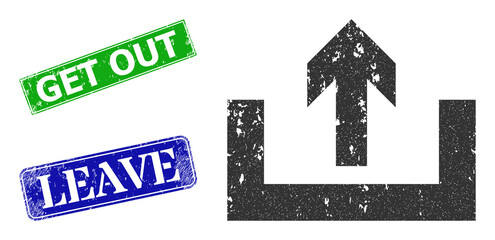 Grunge upload box icon and rectangle unclean Get Out seal stamp. Vector green Get Out and blue Leave imprints with unclean rubber texture, designed for upload box illustration.