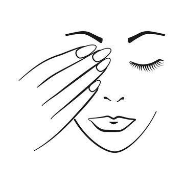Woman's face makeup and hand with nails and lips, lashes and brows for beauty concept in vector