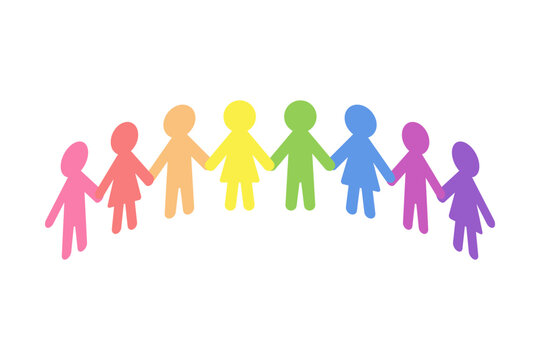 Paper people chain holding hands in a semi circle as colorful vector