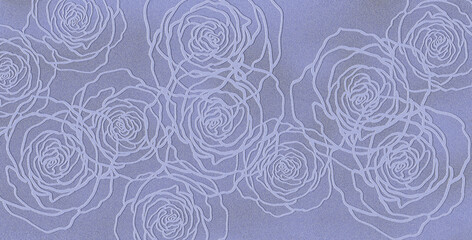 Tło z linearnym motywem kwiatów róży w odcieniu lawendowym. Grafika cyfrowa przeznaczona do druku na tkaninie, tapecie, płytkach ceramicznych, ozdobnym papierze. - obrazy, fototapety, plakaty