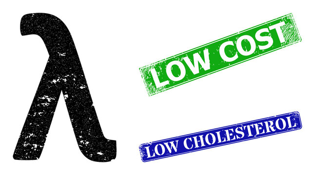 Grunge Lambda Greek lowercase symbol icon and rectangular unclean Low Cost stamp. Vector green Low Cost and blue Low Cholesterol imprints with retro rubber texture,
