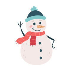Snowman in hat and scarf waving hand. Christmas and New Year element. Vector illustration