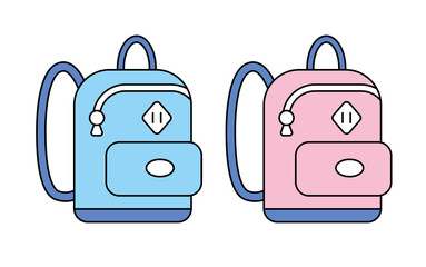 Pink and blue school bag or travel backpack isolated cartoon vector line icon