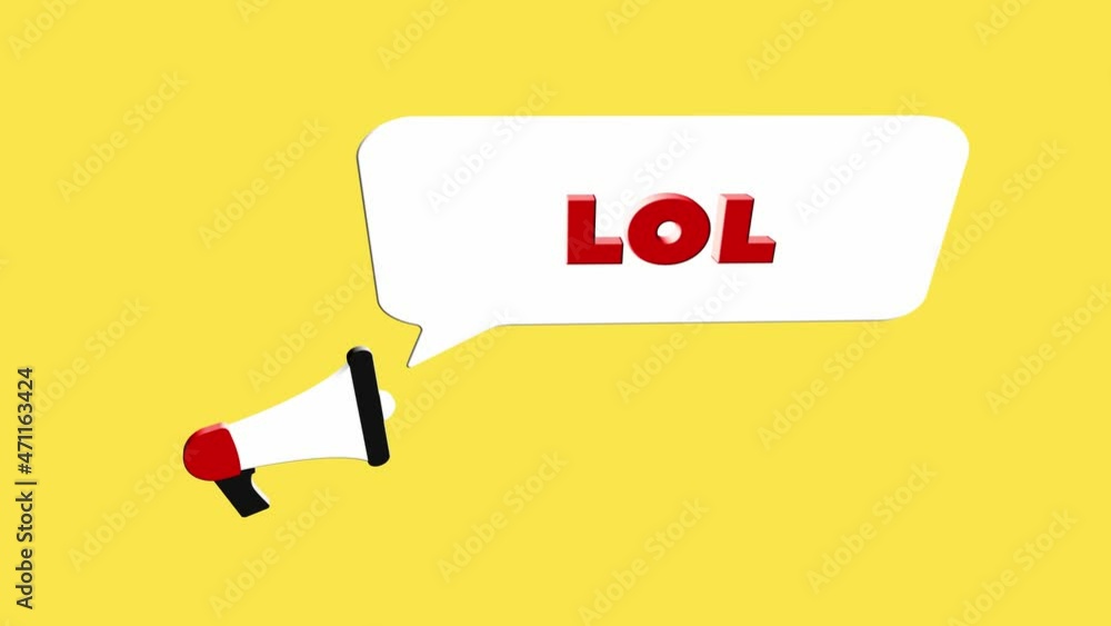 Fototapete 3d realistic style megaphone icon with text Lol isolated on yellow background. Megaphone with speech bubble and lol text on flat design. 4K video motion graphic