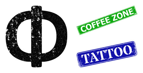 Grunge Phi Greek symbol icon and rectangle corroded Coffee Zone stamp. Vector green Coffee Zone and blue Tattoo imprints with scratched rubber texture, designed for Phi Greek symbol illustration.