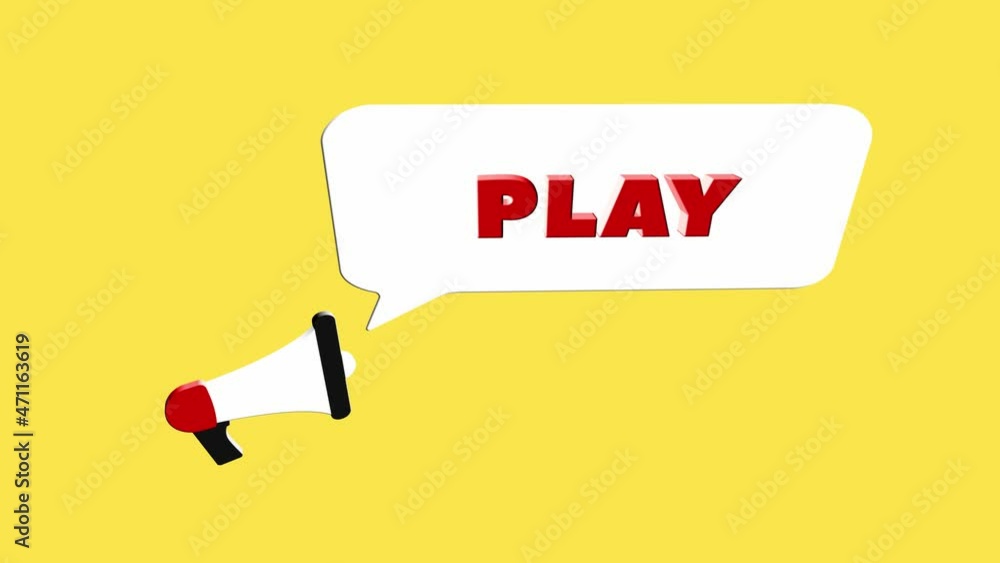 Fototapete 3d realistic style megaphone icon with text Play isolated on yellow background. Megaphone with speech bubble and play text on flat design. 4K video motion graphic