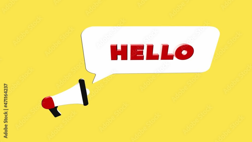 Poster 3d realistic style megaphone icon with text Hello isolated on yellow background. Megaphone with speech bubble and hello text on flat design. 4K video motion graphic