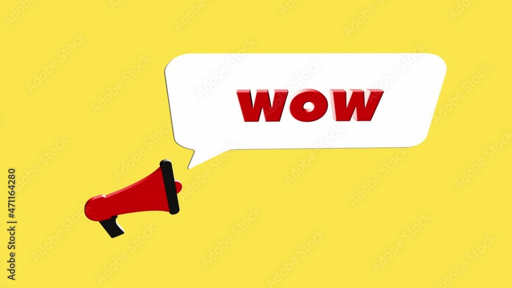 Poster 3d realistic style megaphone icon with text Wow isolated on yellow background. Megaphone with speech bubble and wow text on flat design. 4K video motion graphic