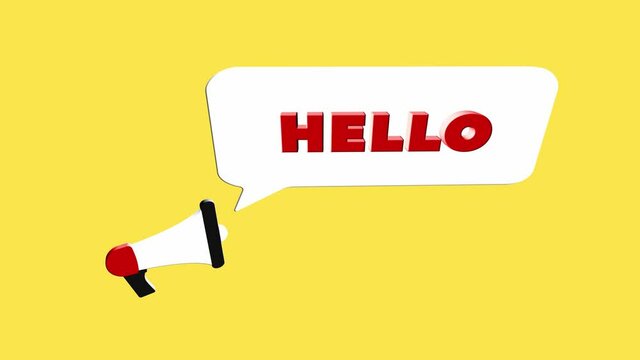 3d realistic style megaphone icon with text Hello isolated on yellow background. Megaphone with speech bubble and hello text on flat design. 4K video motion graphic