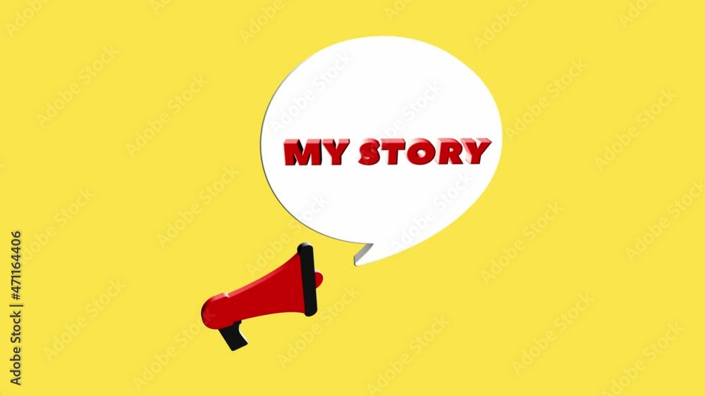 Poster 3d realistic style megaphone icon with text my story isolated on yellow background. megaphone with s