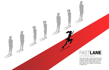 businesswoman running on fast lane is move faster than group on queue. Business Concept of fast lane for moving and disruption.