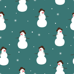 Merry Christmas pattern with cute snowman. Vector seamless winter background	