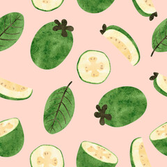 Seamless feijoa fruit pattern. Vector watercolor illustration with exotic fruits and leaves