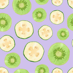 Fototapeta premium Seamless tropical fruit pattern with watercolor kiwi and feijoa slices.