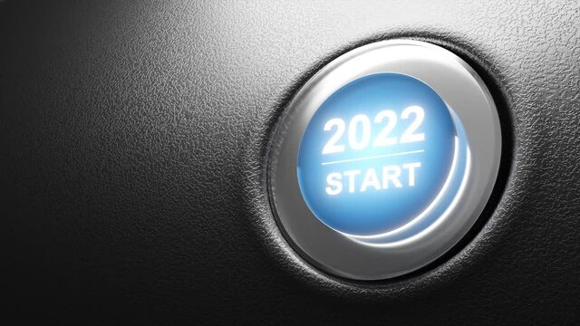 Start 2022. Happy New Year button. 3D movie