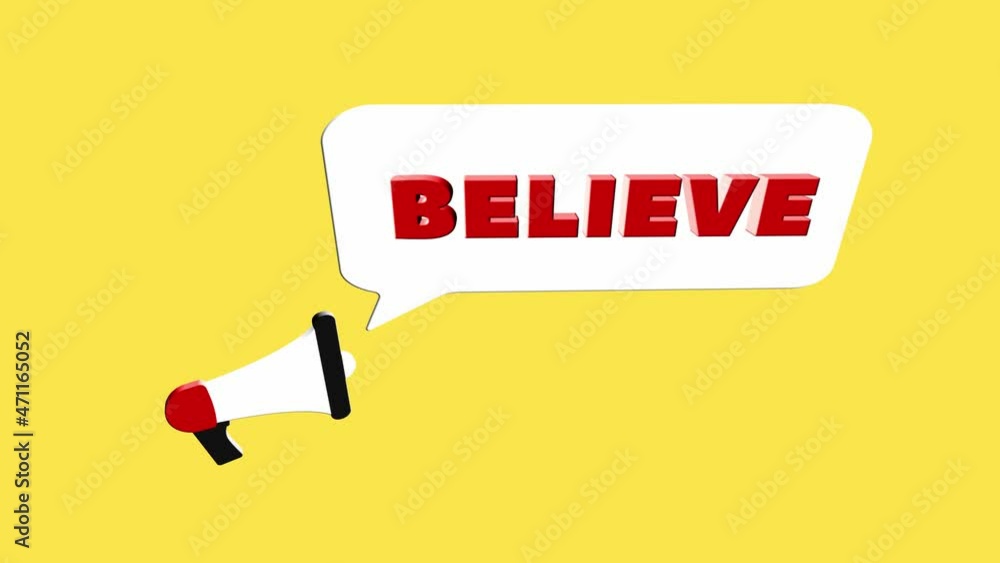 Poster 3d realistic style megaphone icon with text believe isolated on yellow background. megaphone with sp