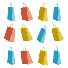 Shopping paper bag yellow, blue, red empty, vector illustration. Pattern