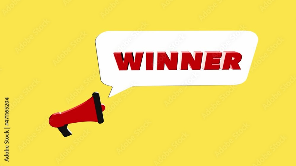Poster 3d realistic style megaphone icon with text Winner isolated on yellow background. Megaphone with speech bubble and winner text on flat design. 4K video motion graphic