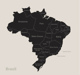 Black map of Brazil with names of regions, design blackboard vector