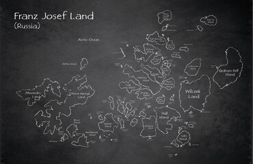 Franz Josef Land map, separates regions and names, design card blackboard, chalkboard vector