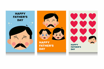 Set of greeting card Happy Father's Day and asian characters of father, dauther and son on background. Set of flat backgrounds for social media, stories, banners, invitation, greeting card, poster.