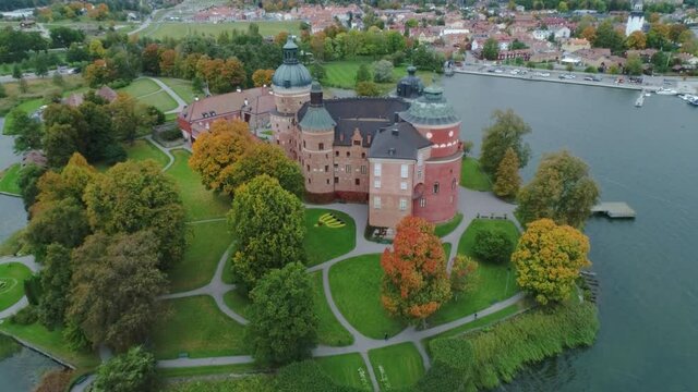 50fps Aerial view autumn season at the beautiful Swedish 16 th century Gripsholm castle nearby town Mariefred