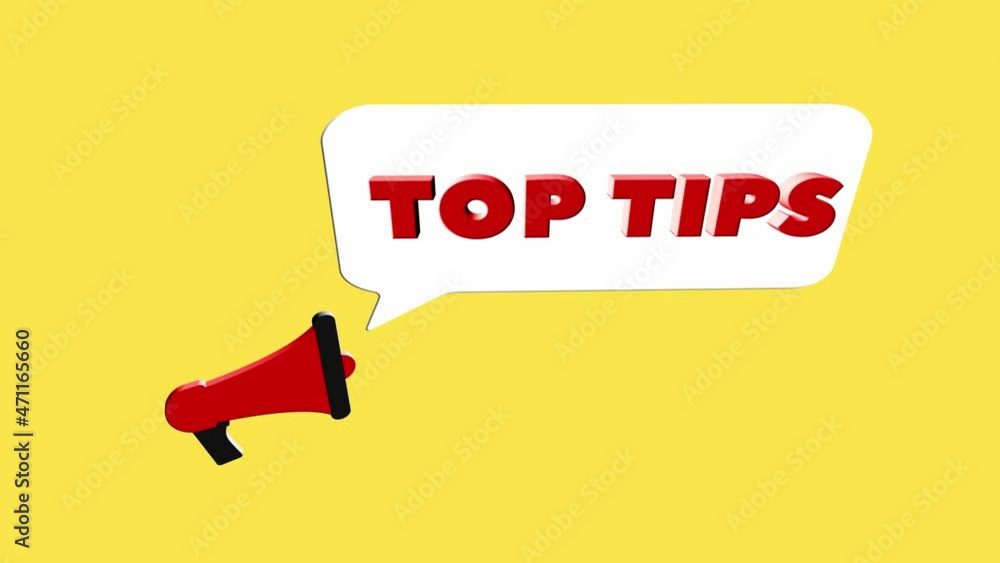Aufkleber 3d realistic style megaphone icon with text top tips isolated on yellow background. megaphone with s