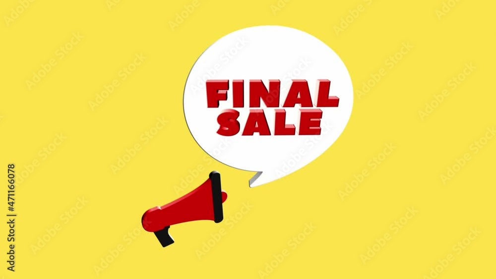 Aufkleber 3d realistic style megaphone icon with text Final sale isolated on yellow background. Megaphone with speech bubble and final sale text on flat design. 4K video motion graphic