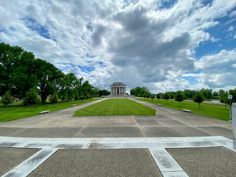 George Rogers Clark National Historical Park At Site Of Fort Sackville American Revolutionary Victory In Vincennes, Indiana. Memorial Exterior - Circular Granite With Fluted Greek Doric Columns.