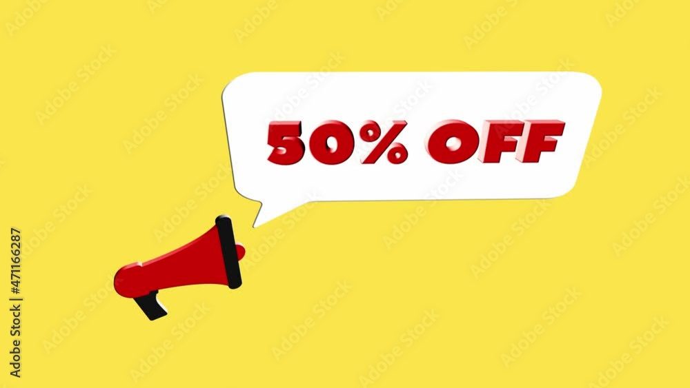 Poster 3d realistic style megaphone icon with text 50 percent off isolated on yellow background. megaphone 