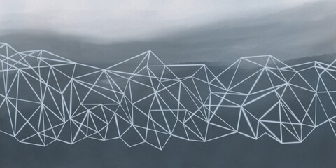 Fondo abstracto de colores oscuros, paisaje de montañas abstracto con franja de red tecnológica o malla de líneas en blanco resplandeciente. Recurso gráfico con espacio para texto