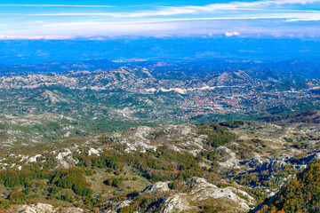 National natural park reserve Lovcen. View from above. Montenegro, Balkans. Mountains, cities and forests. Landscape.
