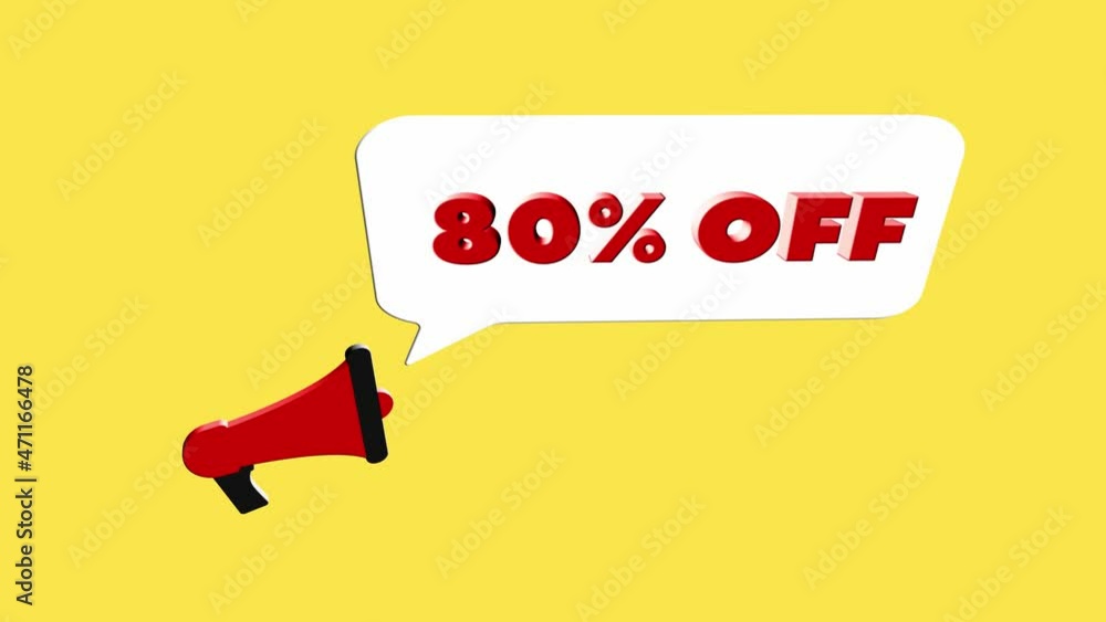 Aufkleber 3d realistic style megaphone icon with text 80 percent off isolated on yellow background. megaphone 