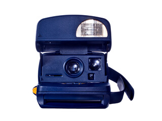 Analoge Instant Kamera mit Blitz in blau