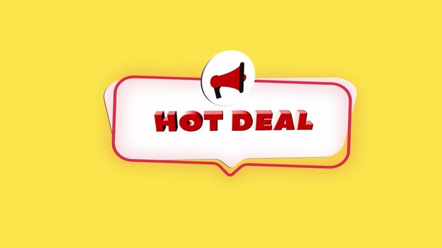 3d realistic style megaphone icon with text Hot deal isolated on yellow background. Megaphone with speech bubble and hot deal text on flat design. 4K video motion graphic