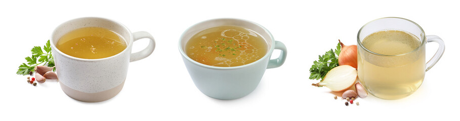 Set with hot delicious bouillon in cups on white background. Banner design