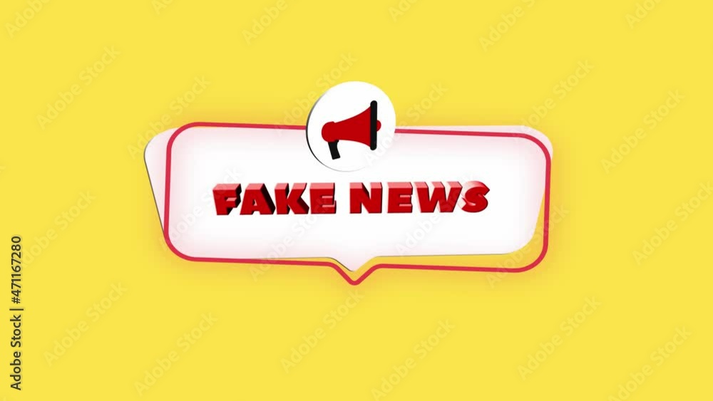 Poster 3d realistic style megaphone icon with text fake news isolated on yellow background. megaphone with 