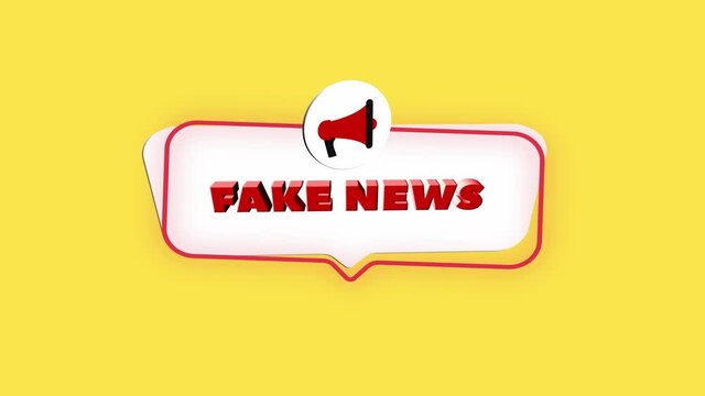 3d realistic style megaphone icon with text Fake news isolated on yellow background. Megaphone with speech bubble and fake news text on flat design. 4K video motion graphic