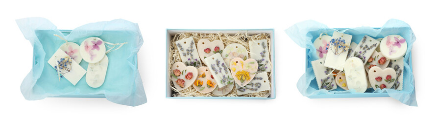 Beautiful scented sachets with dried flowers in boxes on white background, top view. Collage