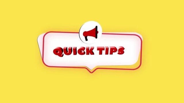 3d realistic style megaphone icon with text Quick tips isolated on yellow background. Megaphone with speech bubble and quick tips text on flat design. 4K video motion graphic