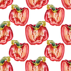 Seamless pattern watercolor red bell pepper on white background. Hand drawn sweet food vegetable for cooking book menu. Clipart creative spicy paprika for cafe wallpaper wrapping sketchbook card