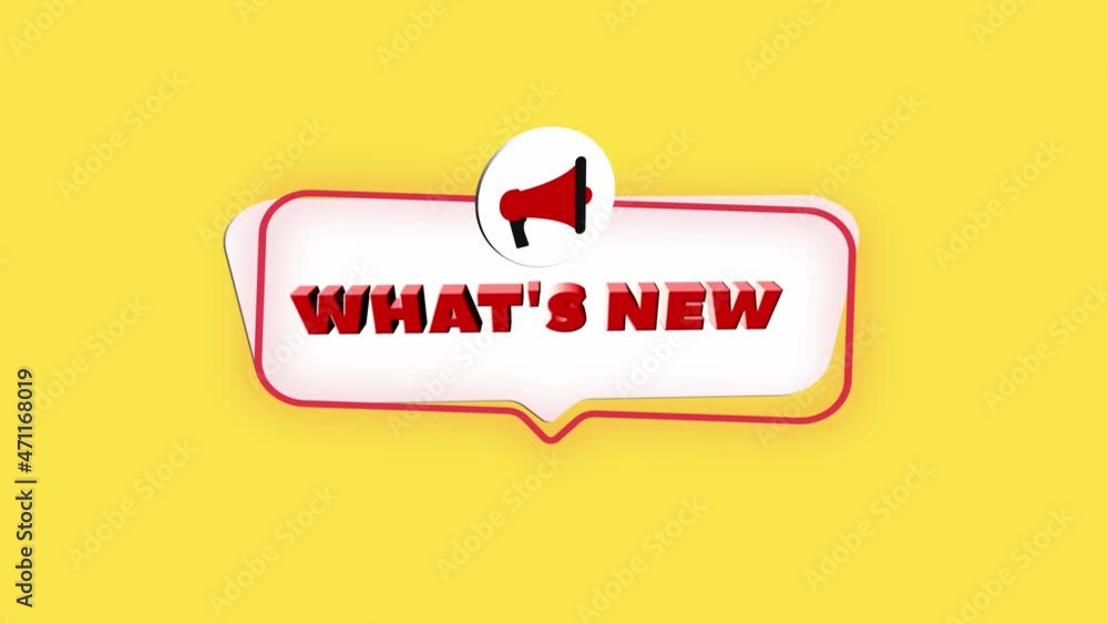 Aufkleber 3d realistic style megaphone icon with text What's new isolated on yellow background. Megaphone with speech bubble and what's new text on flat design. 4K video motion graphic