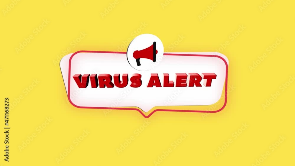 Poster 3d realistic style megaphone icon with text Virus alert isolated on yellow background. Megaphone with speech bubble and virus alert text on flat design. 4K video motion graphic